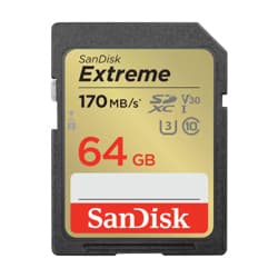 Memoria SD SanDisk Extreme 64GB SDXC UHS-I Clase 10 Lect 170/70 MBs V30 4K SDSDXV2-064G-GNCIN