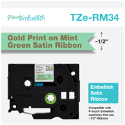 Cinta de satén BrotherTZERM34 color verde menta con letra dorada 12 mm con 4 m para rotulador P-Touch