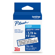 Cinta Brother TZE135G laminada texto blanco sobre fondo transparente 12mm x 8mts