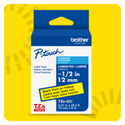 Cinta Laminada Brother Estandar Texto negro sobre cinta amarilla de 12mm x 8m