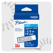 Cinta Laminada Brother Estandar Texto negro sobre cinta blanca de 12mm x 8m
