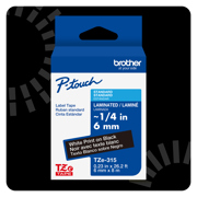 Cinta Laminada Brother Estandar Texto blanco sobre cinta negra de 6mm x 8m