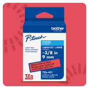 Cinta Laminada Brother Estandar Texto negro sobre cinta roja de 9mm x 8m