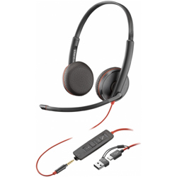 Auriculares Poly Estéreo Blackwire 3225 Conector de 3.5 mm y Adaptador USB-C/A
